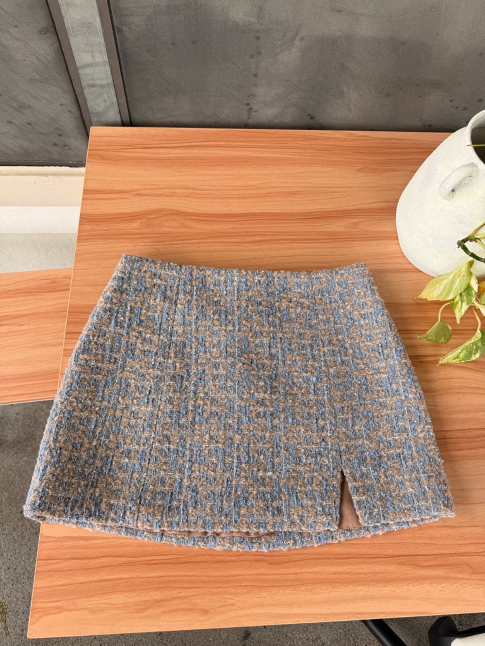 Astr Blue and Beige Tweed Mini Skirt with Front Slit
